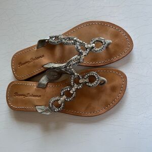 Tommy Bahama tan leather and silver crystal rhinestone jeweled flat sandals